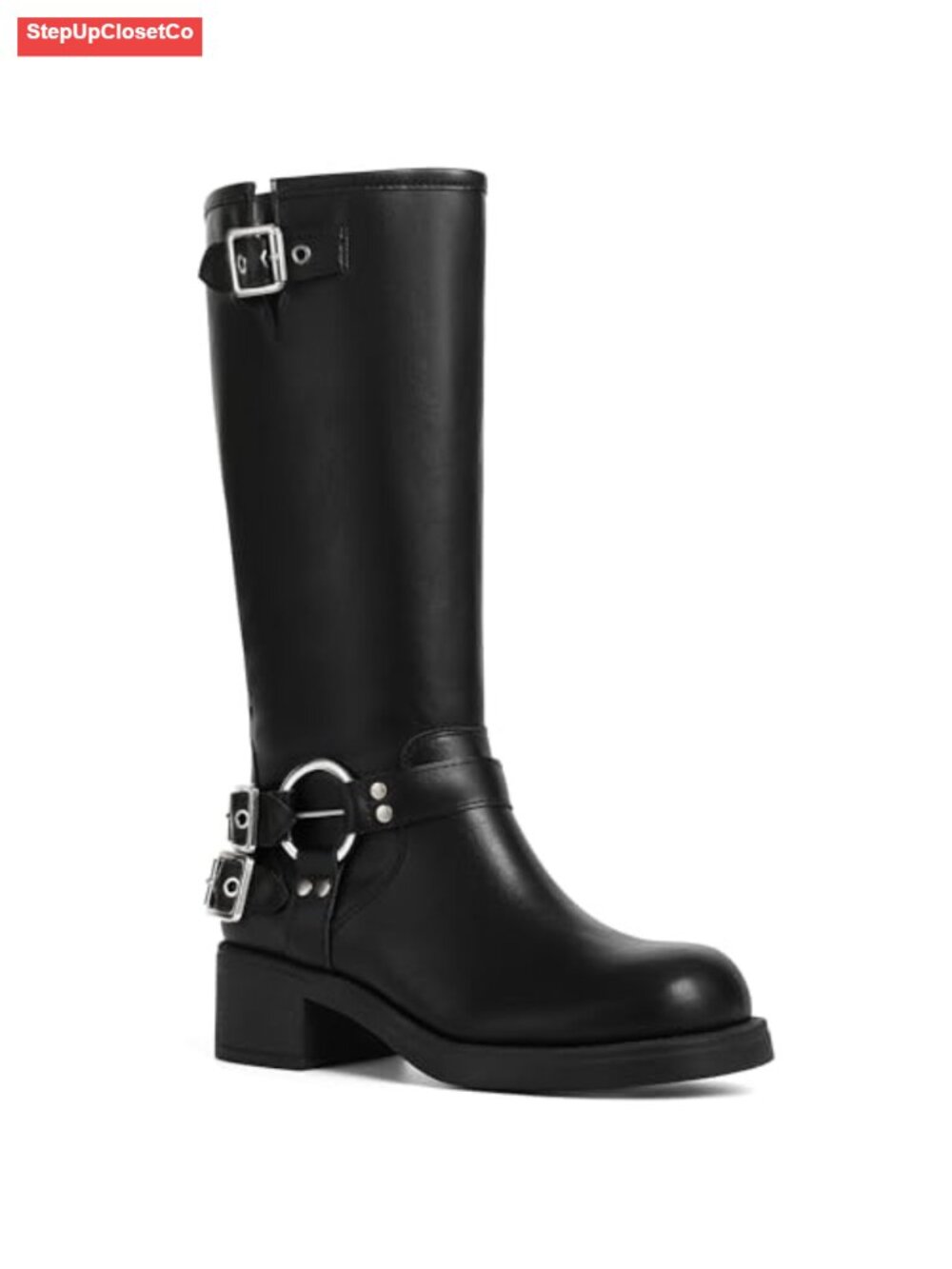 Knee High Moto Biker Buckle Combat Boots Chunky Block Heel Zip